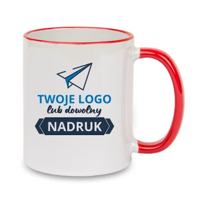 Kubek z czerwonym rantem i uszkiem – z nadrukiem